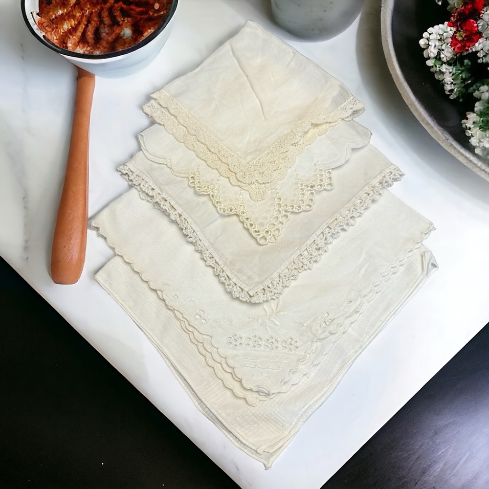 Lot of 5 Linen Embroidered Crochet Trim Handkerchiefs Dainty
